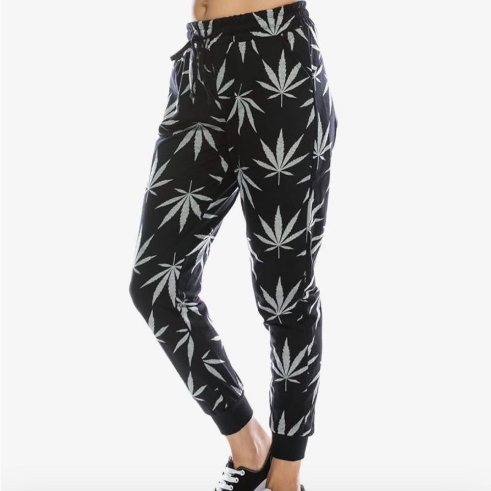 Cannabis Marijuana Leaf Jogger Pants Black Gray Unisex Size Small Weed 420